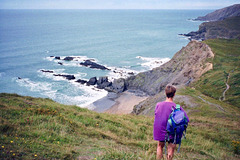 Southwest Coast Path descends towards Sandy Mouth Beach (Scan from August 1992)