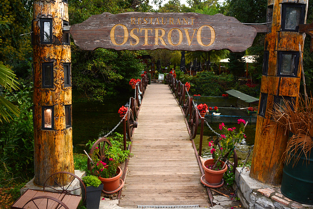 North Macedonia, The Bridge to the Restaurant Ostrovo in the Park of Black Drin