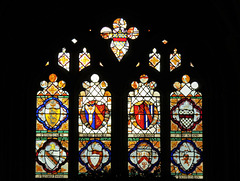 exeter cathedral, devon, c18 glass by william peckitt of 1766 from his heraldic west window, now in the cloisters