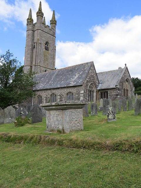 shaugh prior church, devon,late c17 chest tomb with c14- c16 church beyond