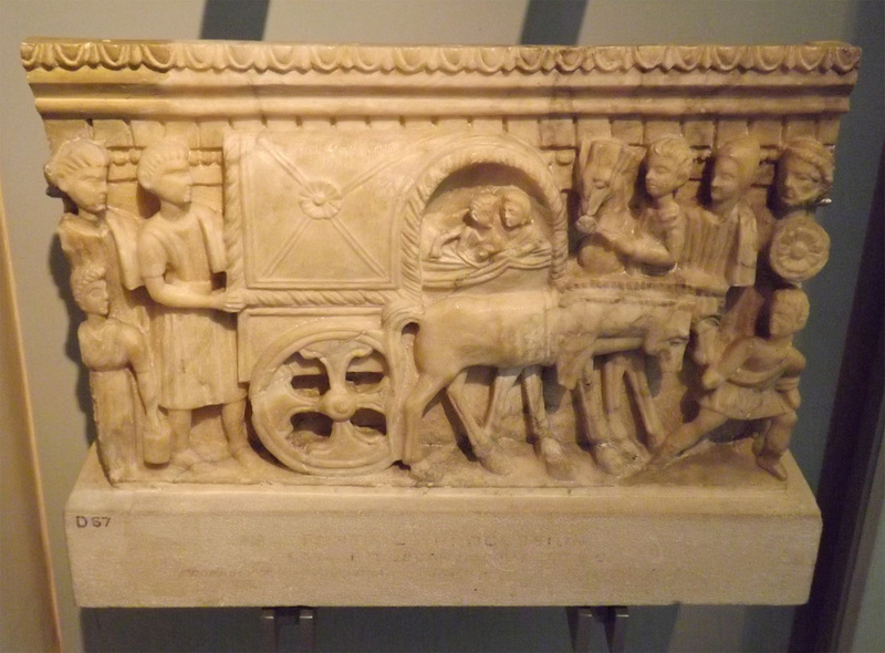 Front of an Etruscan Alabaster Cinerary Urn with a Cart in the British Museum, May 2014