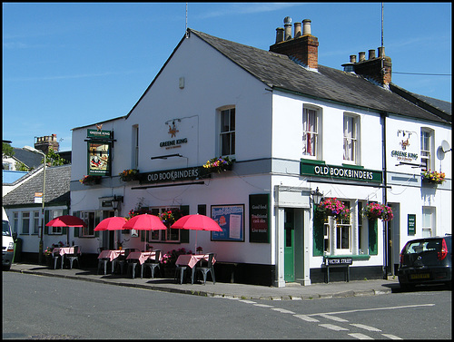 red umbrellas at the pub