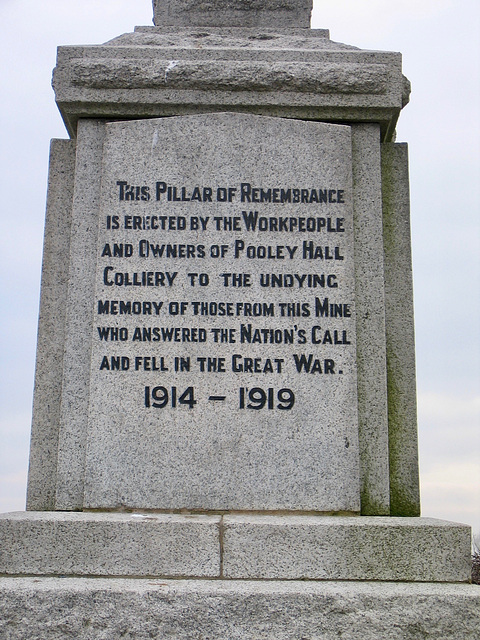 Pooley Hall Colliery War Memorial (1914-1919) near Pooley Hall.