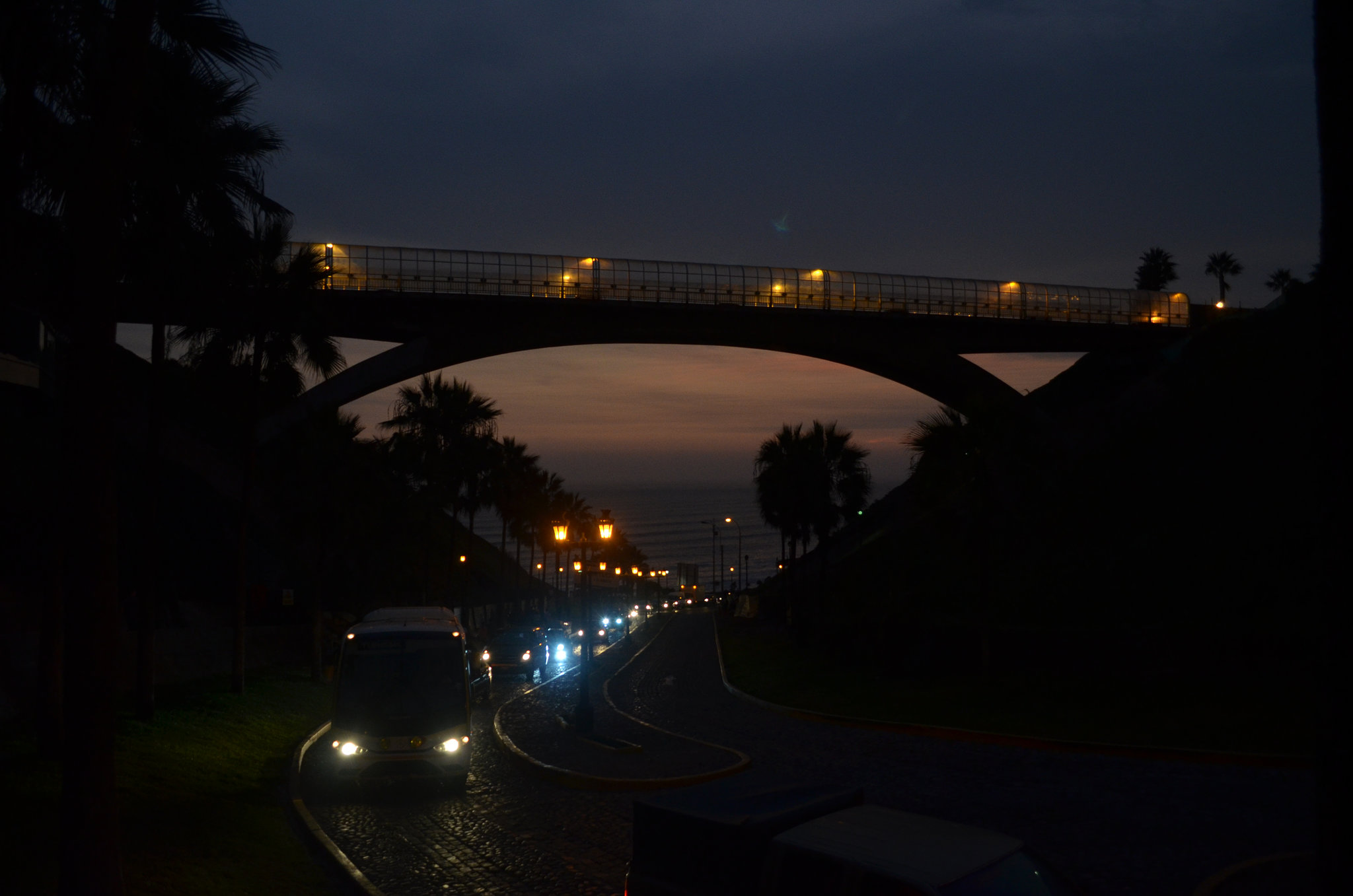 Lima, Bajada Balta Descent to the Ocean and Villena Bridge at Night