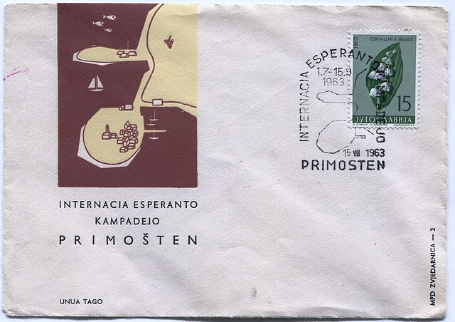 Koverto pri la populara Esperanto-kampadejo en Primoŝteno (Jugoslavio, 1963)