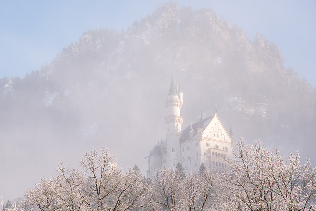Schloss Neuschwanstein im Winter bei Nebel