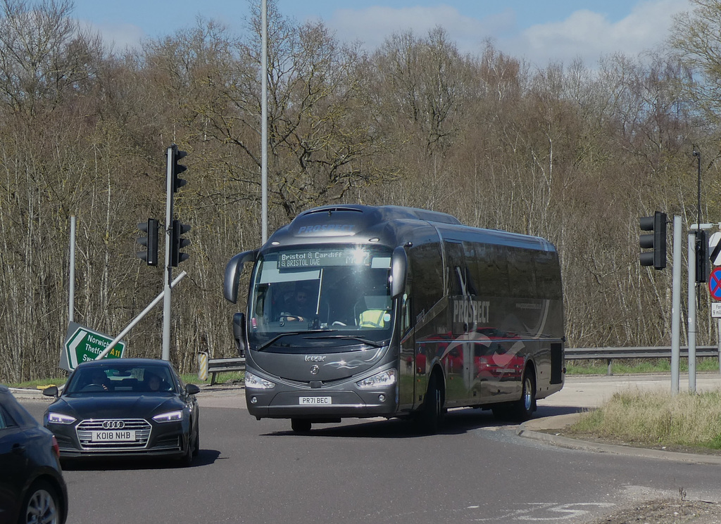 Prospect Coaches (Megabus contractor) PR71 BEC at Barton Mills - 2 Apr 2023 (P1140820)