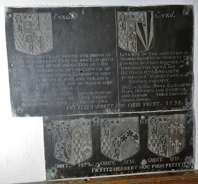 tissington church, derbs (9)late c16 memorial brasses with fitzherbert heraldry referring to ancestral dead