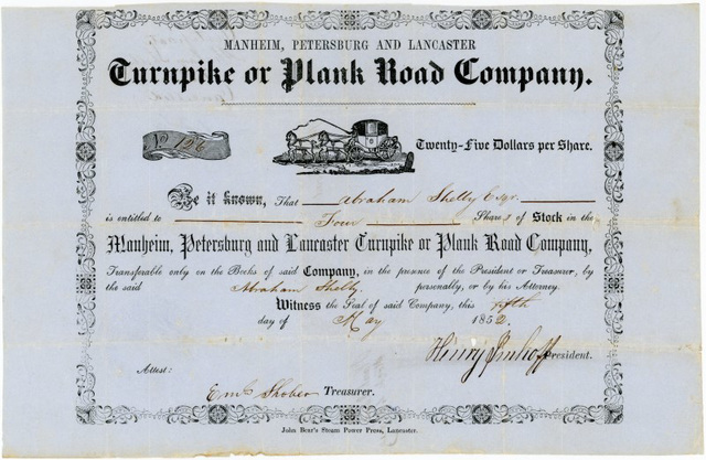 Manheim, Petersburg, and Lancaster Turnpike or Plank Road Company, Stock Certificate, Lancaster County, Pa., 1852