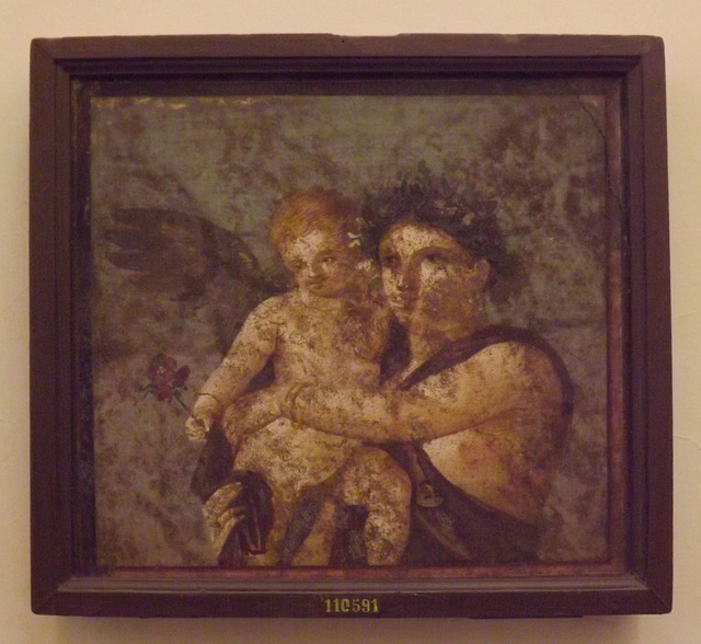 Maenad and Cupid Wall Painting from the House of Caecilius Iucundus in Pompeii in the Naples Archaeological Museum, July 2012