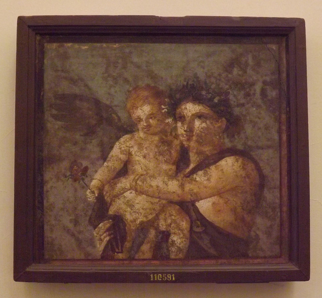 Maenad and Cupid Wall Painting from the House of Caecilius Iucundus in Pompeii in the Naples Archaeological Museum, July 2012