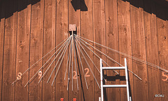 Renovating the vertical sundial on the barn gable in sunny weather.