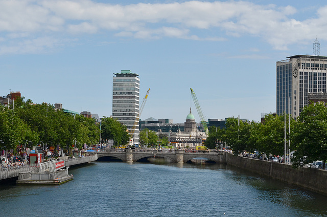 Dublin, O'Connell Bridge, Liberty Hall Tower and the Custom House