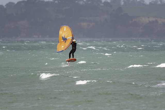 Kite Surfing with a hydrofoil. Manukau Heads