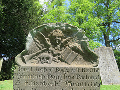 penshurst church, kent (17)c18 gravestone of elizabeth winnifrith +1742; skull, cherub, book, trumpet, torch