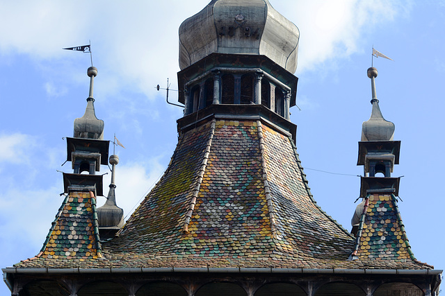 Romania, Sighişoara, Colorful Mosaic of the Top of the Clock Tower