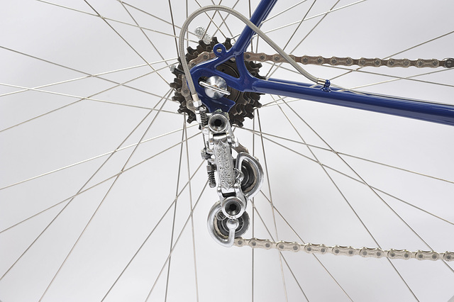 Campagnolo Gran Sport rear derailleur. Domed stay ends and diver's helmet gear cable housing stops are typical features of Johnny Berry frames.