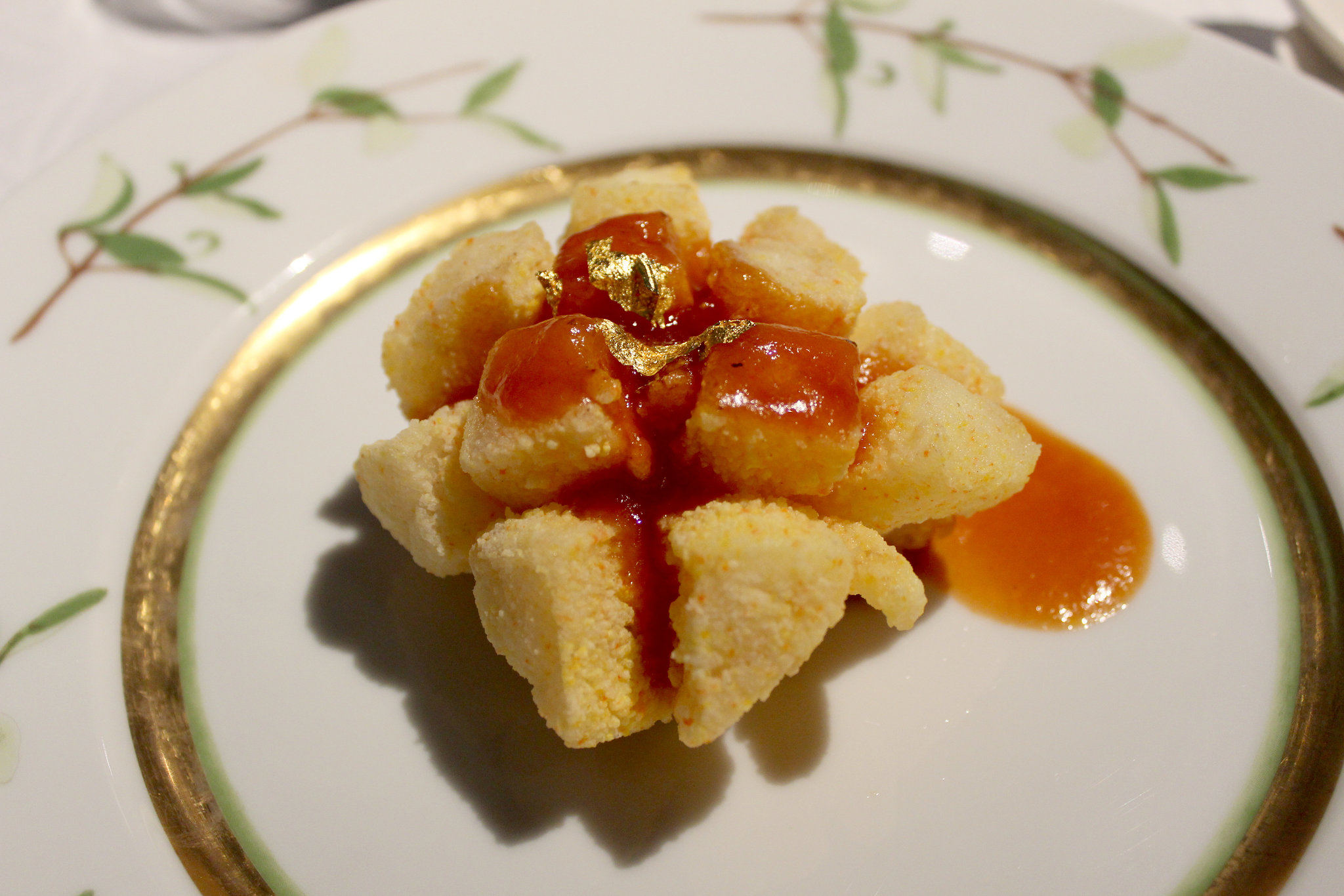 Fried Sea Bass with Sweet and Sour Sauce Adorned with Gold Foil