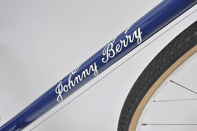 Reproduction script Johnny Berry down tube dry-transfer by Gary Prange, SSSink, West Jefferson, North Carolina