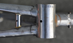 581656 - Serial number is stamped on the drive side, under the bottom bracket shell. All Berry frames built after 1952 are stamped in this location. Note hole for grease nippled on near the bottom, rear of the shell.