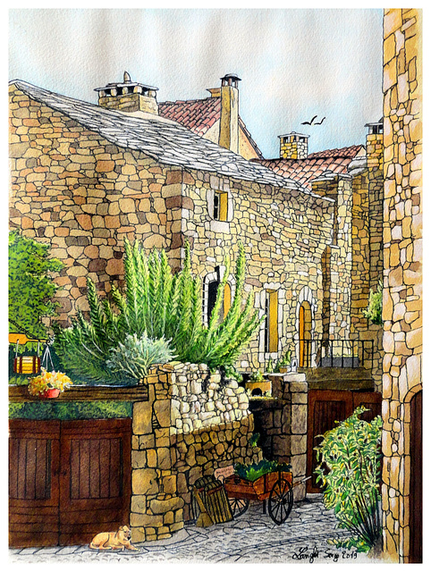 Aquarelle. Ruelle dans le village "La Couvertoirade" (Aveyron)