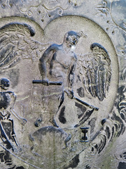 wollaton church, notts; slate c18 tombstone of  frances chadburne + 1783; time with a scythe