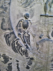 wollaton church, notts; slate c18 tombstone of  frances chadburne + 1783; skeleton death with spade and dart