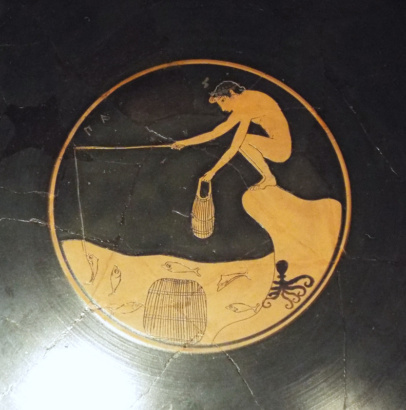 Detail of a Kylix with a Boy Fishing by the Ambrosios Painter in the Boston Museum of Fine Arts, January 2018