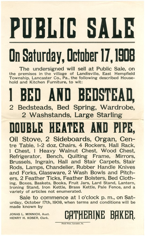 Catherine Baker, Public Sale, Landisville, Pa., October 17, 1908