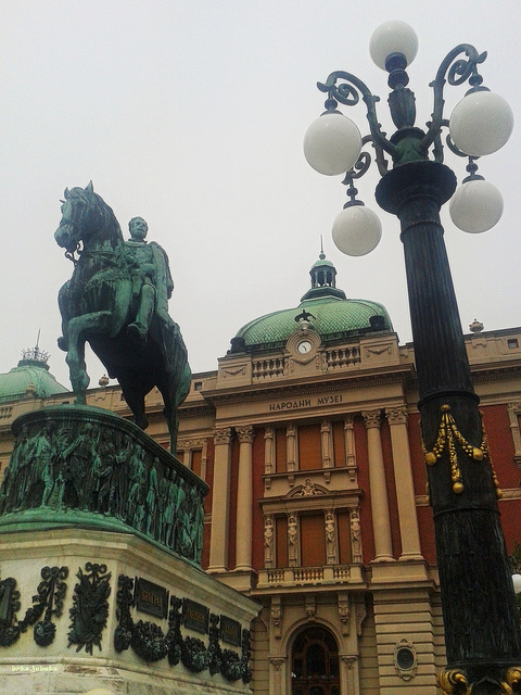 Monument to Prince Mihailo Obrenović and the National Museum in Belgrade