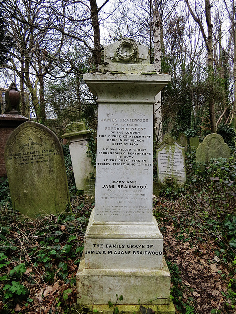 abney park cemetery, london,james braidwood, superintendent in the fire brigade who died 1861at the tooley st. fire. his funeral procession was massive, said to be a mile long, including  15 mourning 