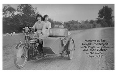 Marjory, Phyllis & their mother on a Douglas motorcycle c1925