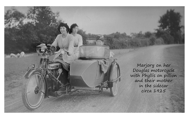 Marjory, Phyllis & their mother on a Douglas motorcycle c1925
