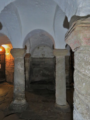 repton church, derbyshire (13)saxon mausoleum crypt built early c8, given columns and a vault early c10,  with the central western entrance blocked in the mid c9 when two passageways were cut to give processional access
