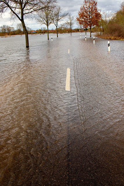 An den Rippeln auf dem Wasser sieht man, dass es von links nach rechts über die Straße fließt