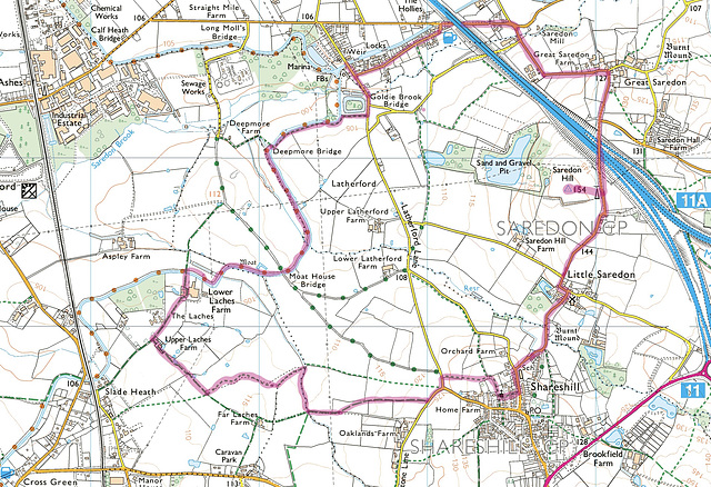 A 6m circular walk in March 2006 from the canal Bridge on the Hatherton Canal at Calf Heath,