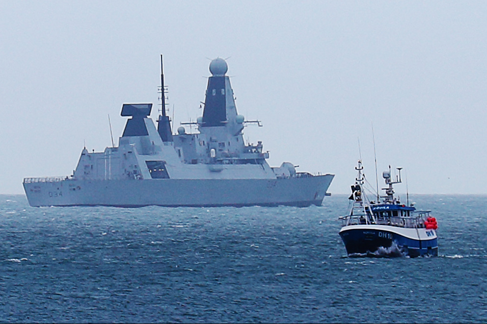 Destroyer HMS Diamond and trawler Aquila off Weymouth