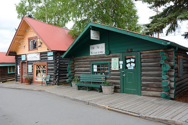 Alaska, Two Wooden Houses on Museum Street at Fairbanks Pioneer Park