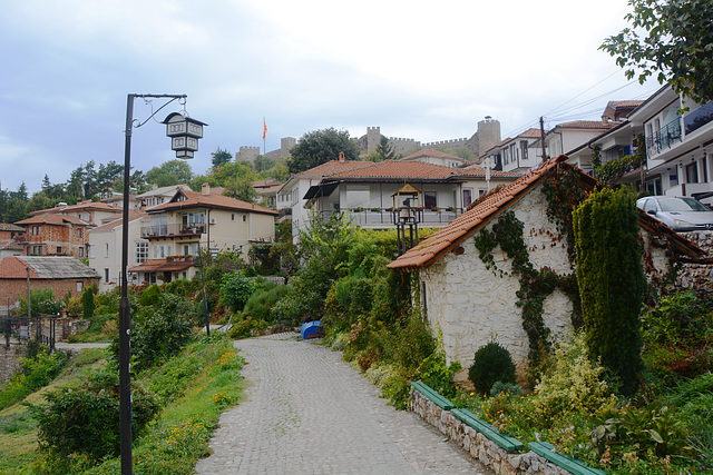 North Macedonia, Streets of Ohrid and Fortress Wall on a Hill