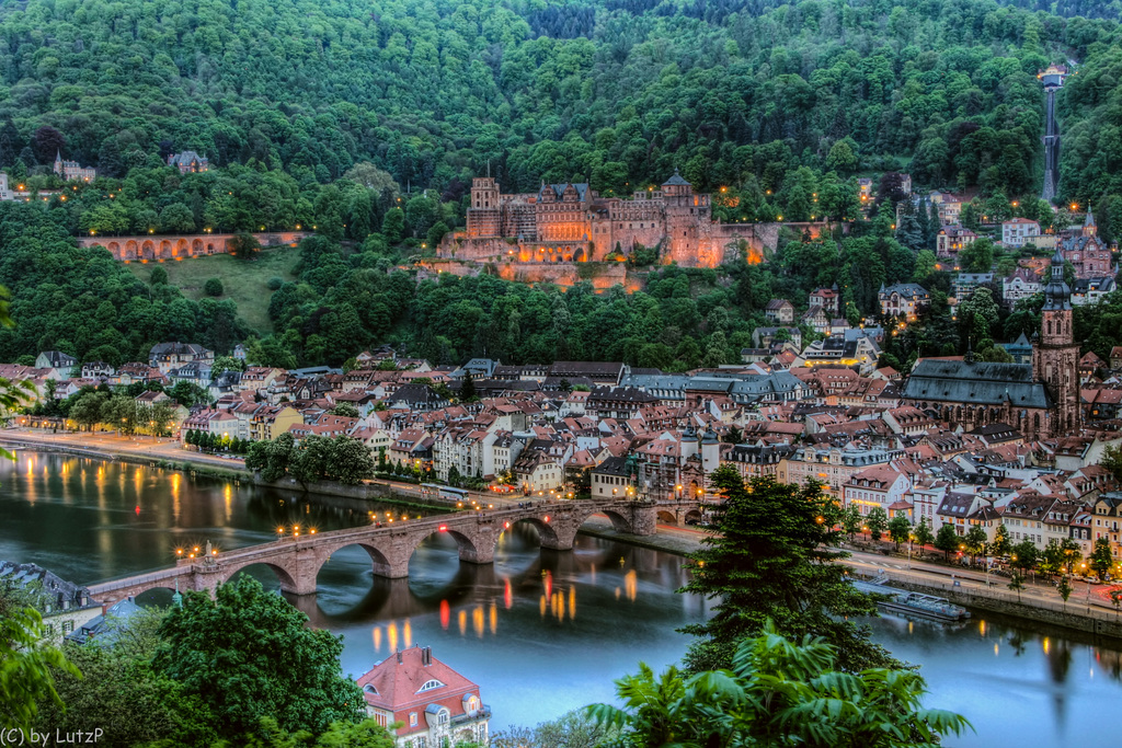 Heidelberg - Castle and Old Bridge at Dusk - Schloss und Alte Brücke in der Abenddämmerung (150°)