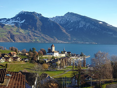 Schloss Spiez am Thunersee, im Hintergrund das Niederhorn (1963 m.ü.M).