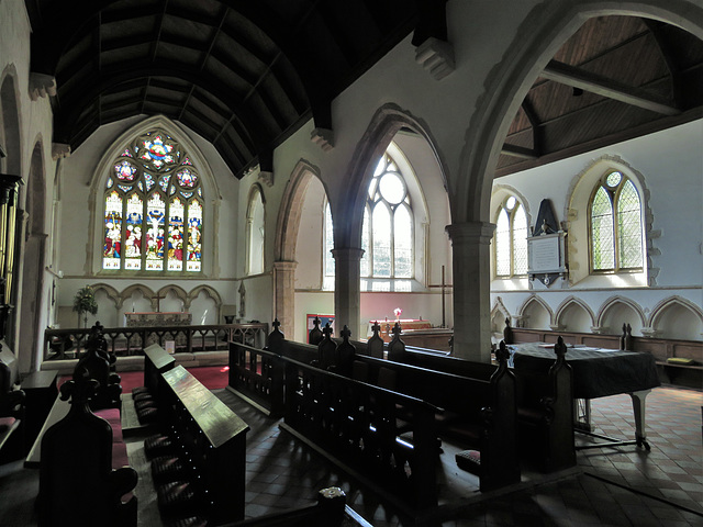 icklesham church, sussex (29)view east in the chancel, c19 east window by teulon 1849, arcade late c13