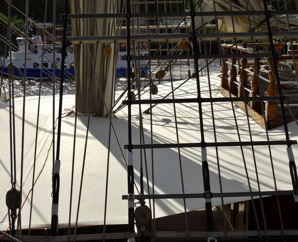 Shadows And Rope On Deck. The Tall Ship Stad Amsterdam