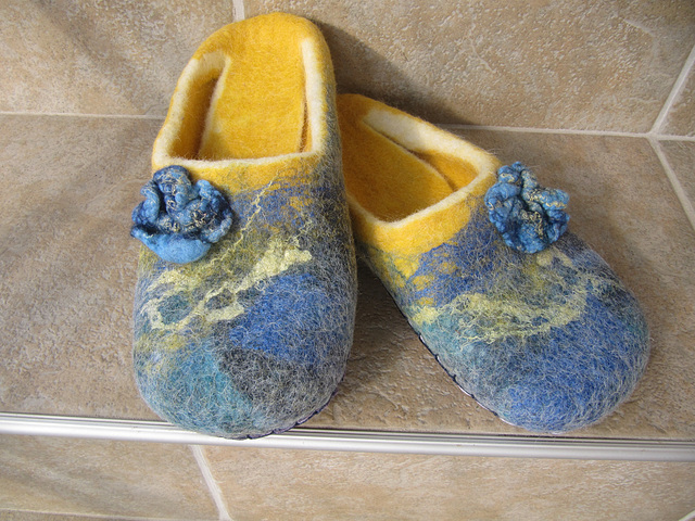 felted slippers blue and yellow