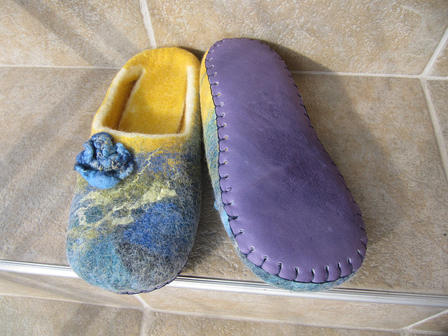 felted slippers blue and yellow