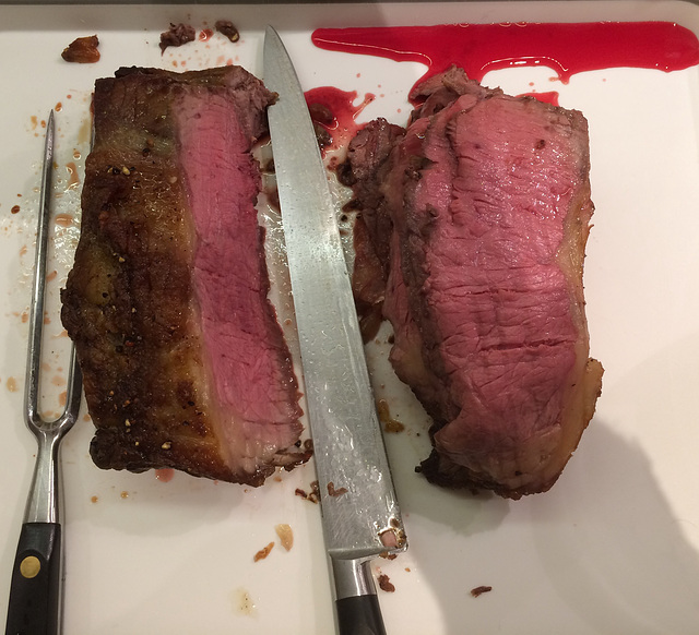 Vegetarians, close your eyes now - scotch sirloin, rare, Christmas Eve dinner...