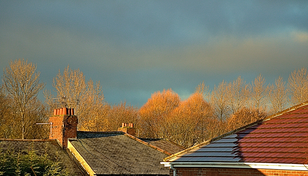 Early morning golden light and skies of steely grey