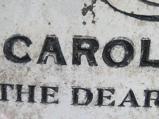 abney park cemetery, london,detail of the monument to caroline gould, +1855, showing reiteration of the paint on the lettering, presumably refreshed with each added burial