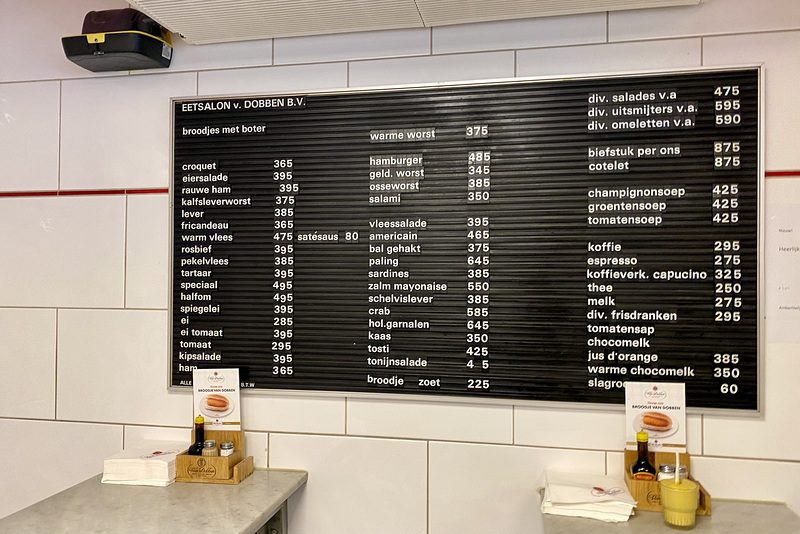 Price list at eetsalon Van Dobben