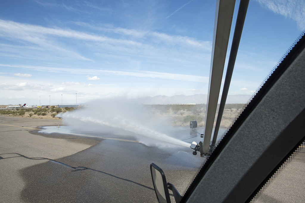 Windshield View of the Snozzle High Reach Extendable Turret (HRET) - Tucson Airport Fire ARFF #763